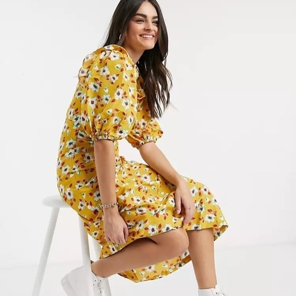 ASOS DESIGN frill neck midi tea dress in yellow floral print open back size‎ 4 - Picture 2 of 15
